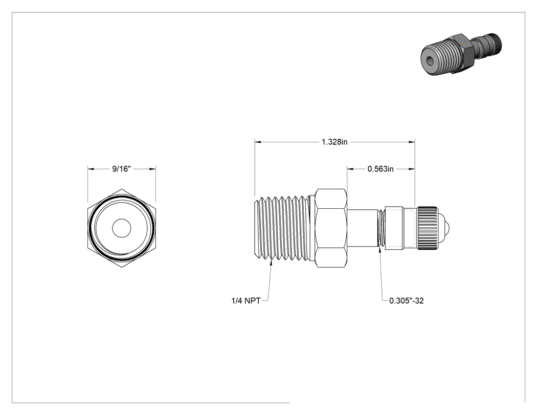 Teknik Çizim - Hava Doldurma Vanası, Nikel Kaplı Pirinç, NPT x 9/16" Uzunluğunda Schrader, 200 PSI