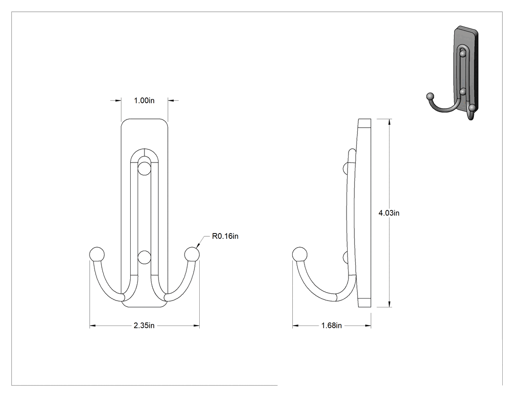 Teknik Çizim - Yeniden Kullanılabilir Yapışkan Sırtlı Asma Kancası, Duvara Montaj, 2-1/4" Genişlik x 4" Yükseklik x 1-5/8" Derinlik Toplam