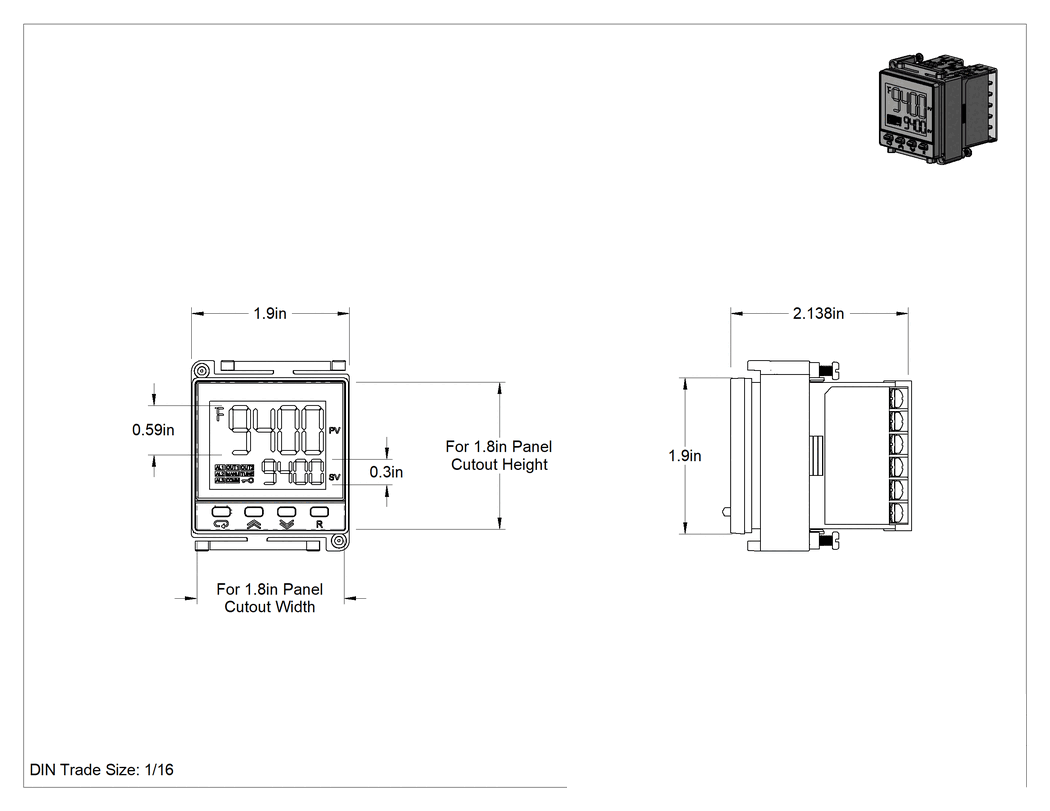 Teknik Çizim - Otomatik Ayarlı Sıcaklık Kontrol Cihazı, 3 Mekanik Röle Çıkışlı, 1/16 DIN