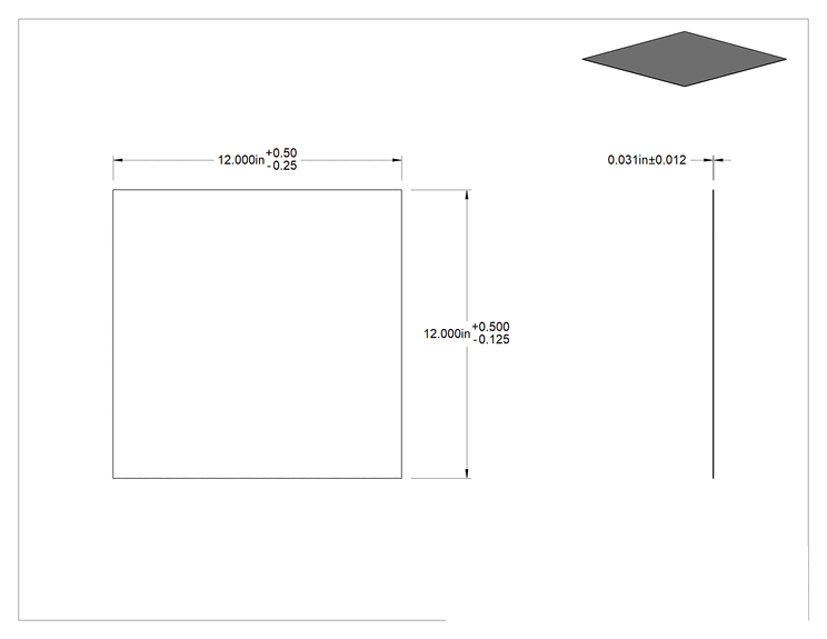 Teknik Çizim - Buhara ve Hava Koşullarına Dayanıklı EPDM Kauçuk Levha, Gıda Endüstrisi, Arka Yüzü Yapışkanlı, 12" x 12", 1/32" Kalınlık