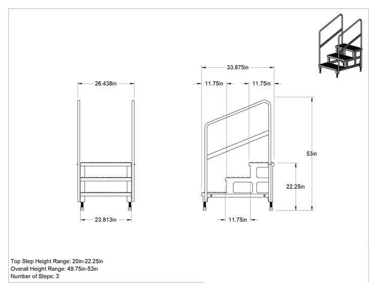 Teknik Çizim - Yüksekliği Ayarlanabilir Çalışma Platformu, 3 Basamak ve Korkuluk, 49.75-53" Yükseklik x 26" Genişlik x 34" Derinlik Toplam