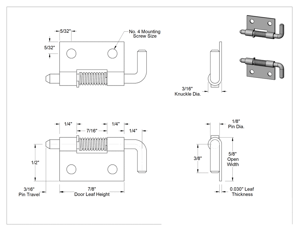 Teknik Çizim - Çekerek Açılan Hızlı Bağlantı Menteşesi, Delikli, Çinko Kaplı Çelik, 7/8" x 1/2" Kapı Kanadı