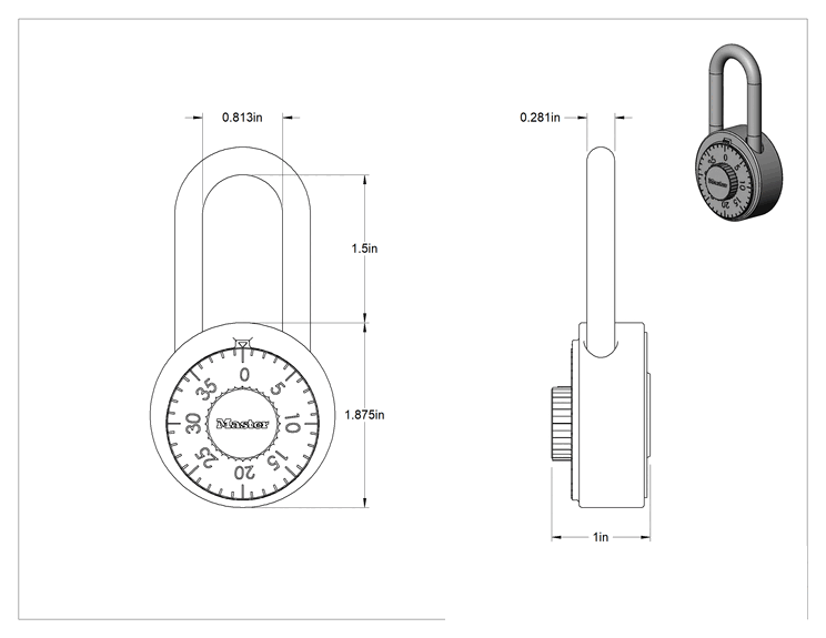 Teknik Çizim - Anahtar Kontrollü Şifreli Asma Kilit, Mevcut Sistem için, Tescilli, 1.5" Dikey Boşluk