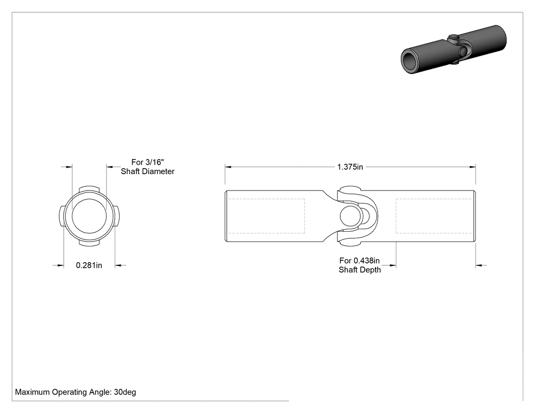 Teknik Çizim - Hassas Tekli U-Mafsal, Rulmanlı Mafsal, 3/16" Çap x 7/16" Derinlikli Mil için