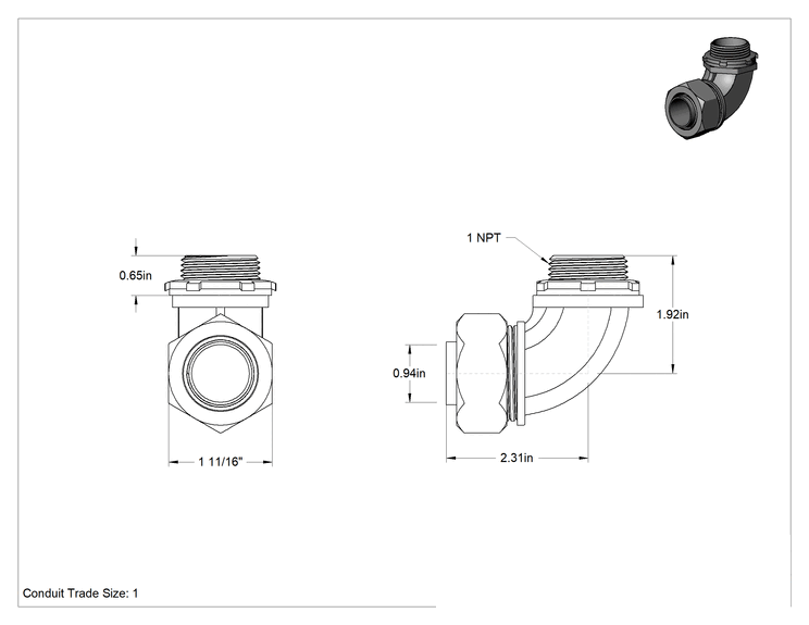 Teknik Çizim - Sıvı Sızdırmaz Esnek Metal Kanal Adaptörü, Kilit Somunlu, 90 Derecelik Demir, 1 Standart Boyut Dişi x 1 NPT Erkek