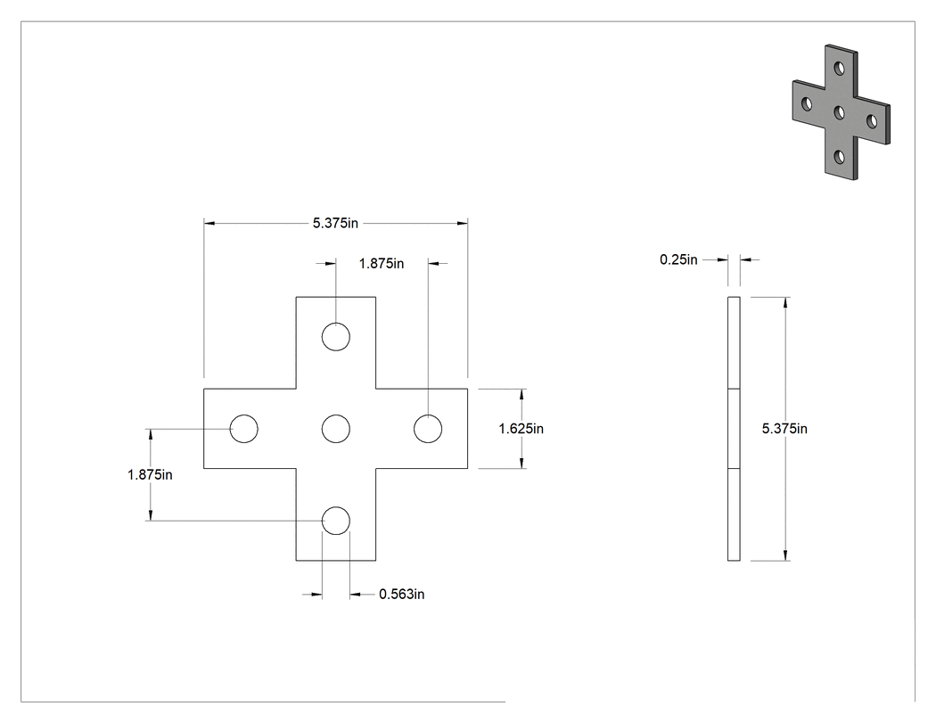 Teknik Çizim - Strut Kanalı Braketi, Çapraz, 304 Paslanmaz Çelik, 5-3/8" Uzunluk
