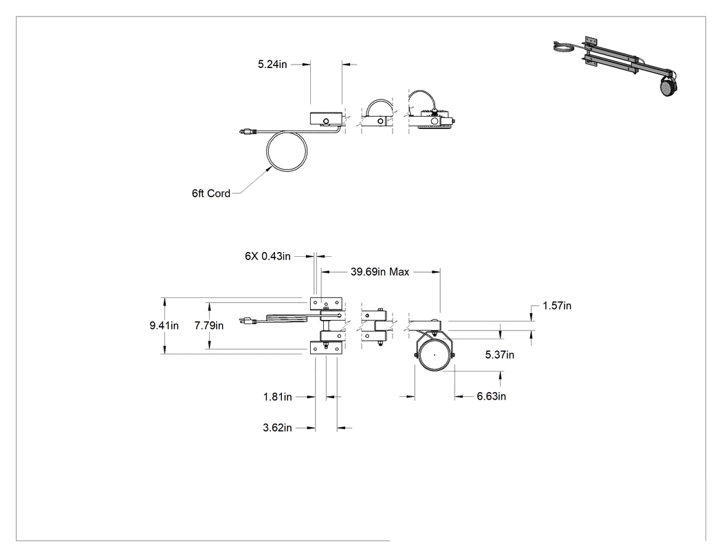 Teknik Çizim - Rıhtım Işığı, Eklemli Kollu, Dahili LED, 40" Kol Uzanma Mesafesi