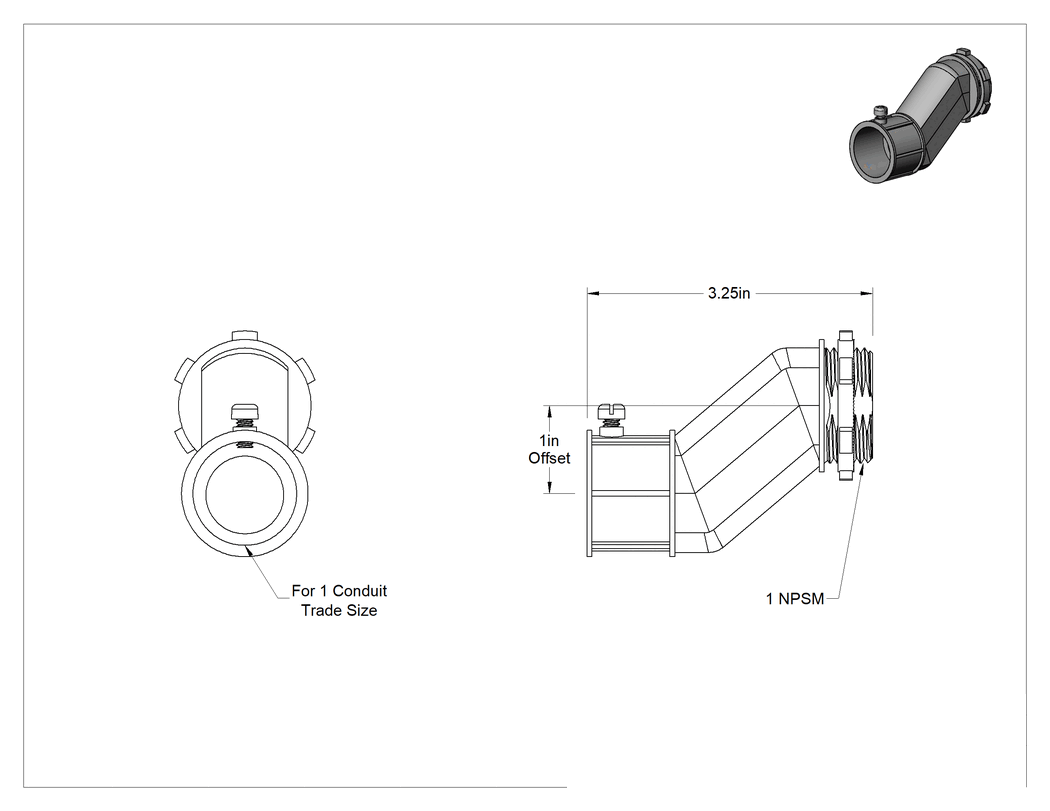 Teknik Çizim - 1 Dişi x NPSM Erkek Ofset Adaptörü, İnce Cidarlı (EMT) Çelik Kanal için