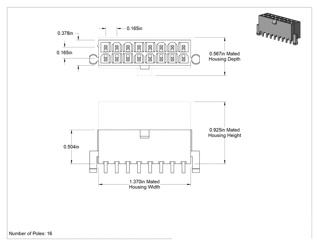 Teknik Çizim - Kilitleme Tırnağına Sahip Molex Devre Kartı Konektörü için 16 Kutuplu Devre Kartı Konektörü