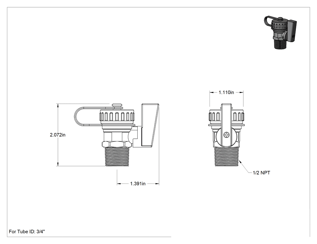Teknik Çizim - Tahliye Vanası, Kol Kollu, 1/2 NPT Erkek Giriş