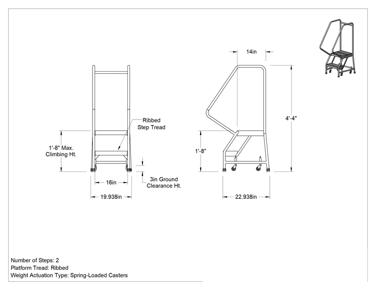 Teknik Çizim - Hafif Alüminyum Tekerlekli Platform Merdiveni, Yivli Basamaklar, 4'4" Yükseklik x 20" Genişlik x 23" Derinlik Toplam