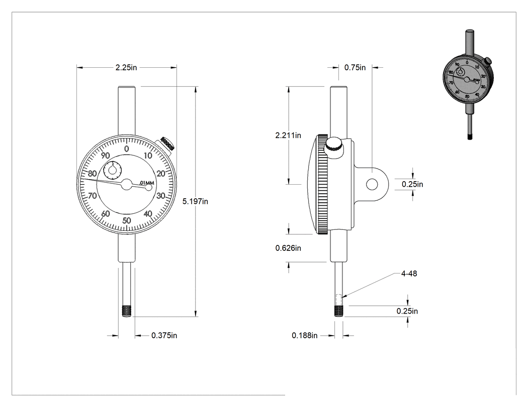 Teknik Çizim - Pistonlu Komparatör, Sertifikalı, Sürekli, 0 ila 25 mm Mesafe Ölçümü