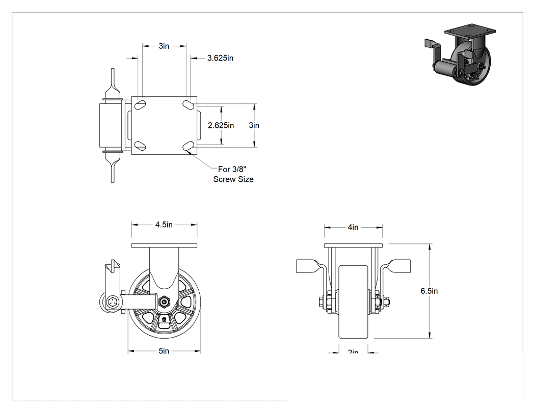 Teknik Çizim - 4-1/2" x 4" Plakalı Yüksek Kapasiteli Spartan Tekerlek, Frenli ve 5 inç Çapında Açık Rulmanlı Metal Tekerlekli Sabit