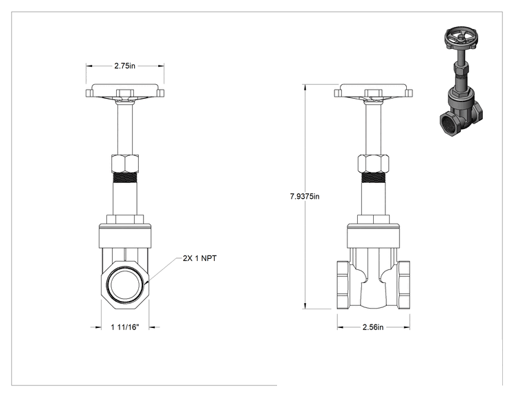 Teknik Çizim - Bronz Gövde ve Sürgülü Kademeli Açma/Kapama Vanası, Tekerlek Kolu ve Yükselen Mil, Basınç Sınıfı 125, 1 NPT Dişi
