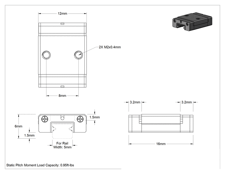 Teknik Çizim - Rulmanlı Taşıyıcı, 5 mm Ray Genişliği için, Standart Profil