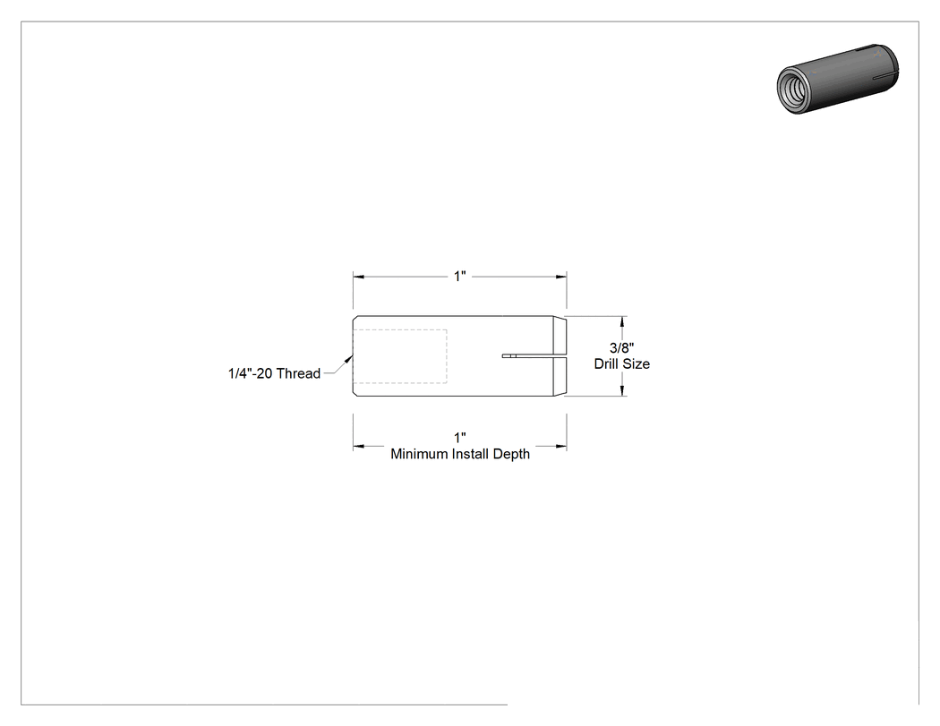 Teknik Çizim - 18-8 Paslanmaz Çelik Beton için Dişi Dişli Ankraj, 1/4"-20 Diş Boyutu