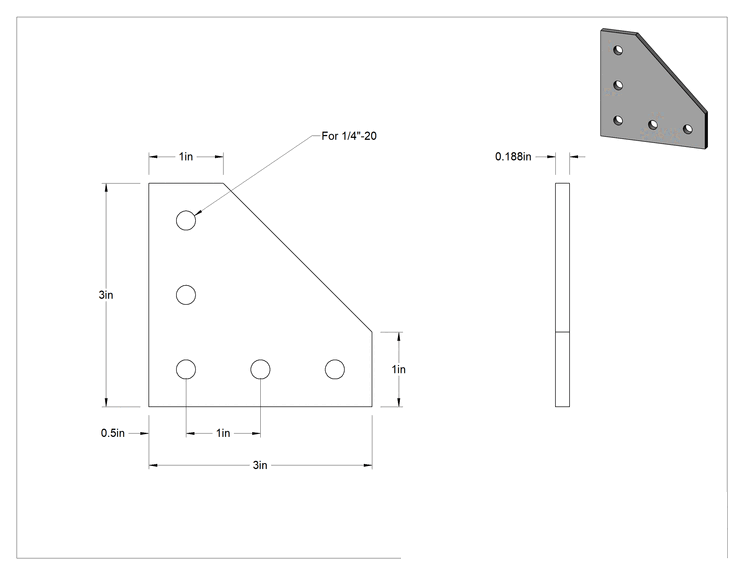 Teknik Çizim - T-Yivli Çerçeve, 1" Yüksekliğinde Ray için Sarı 90 Derece Açılı Braket, 3" Uzunluk