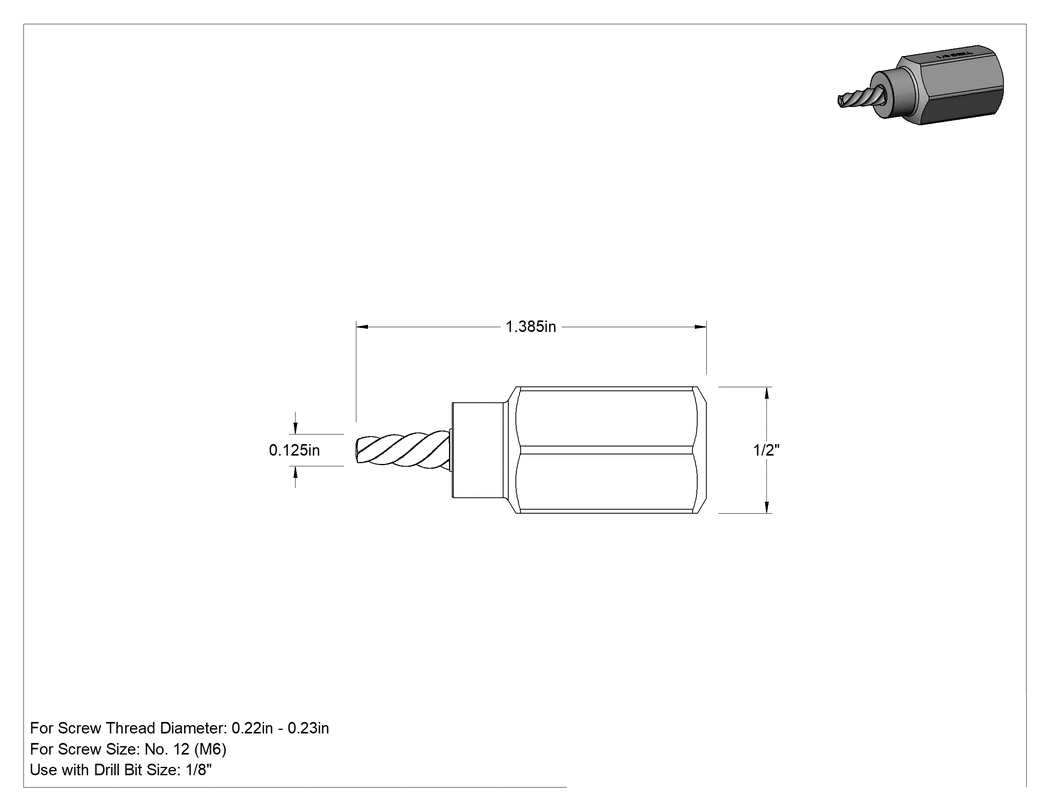 Teknik Çizim - Dar Boşluklu Çıkarıcı, 0.22"-0.23" Vida Diş Çapı için