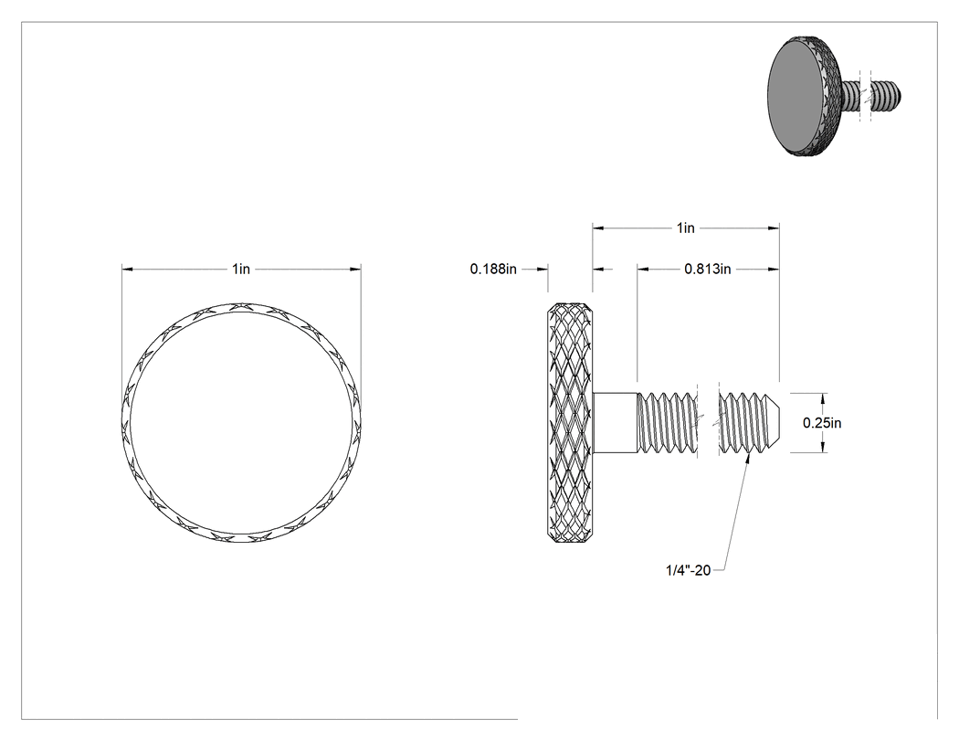 Teknik Çizim - Tırtıllı Başlı El Vidası, Paslanmaz Çelik, Düşük Profilli, Kısmi 1/4"-20 Diş, 1" Uzunluk, 1" Çap
