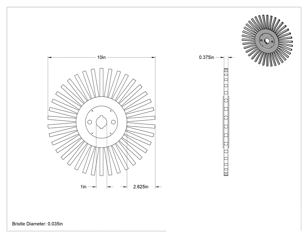 Teknik Çizim - Hızlı ve Etkili Temizleme Tekerlekli Fırça, CNC Makinesi için, 10" Fırça Çapı, 0.035" Çaplı Çelik Kıl