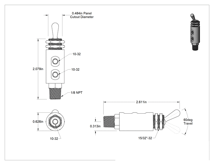Teknik Çizim - Hızlı Etkili Panel Montajlı Açma/Kapama Vanası, Dirsek, 1/8 NPT Erkek x 10-32 UNF Dişi, Metal Manuel Geri Dönüş