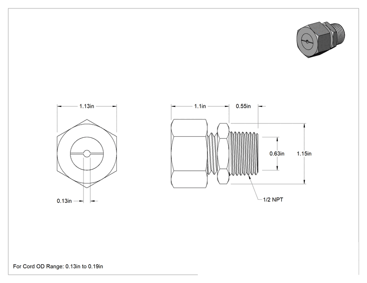 Teknik Çizim - Paslanmaz Çelik Kablo Tutucu, 0.13"- 0.19" Kablo Dış Çapı için, 1/2 Knockout Anma Ölçüsü için