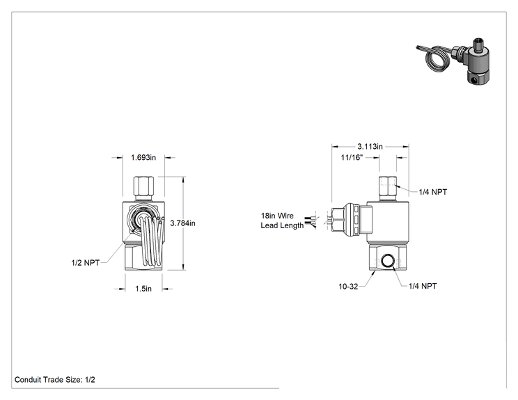 Teknik Çizim - Egzoz Portlu Solenoid Açma/Kapama Vanası, Doğal için, Propan ve Bütan Gazı, 24V DC, 285 PSI