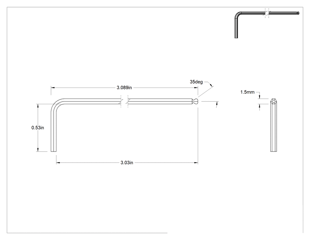 Teknik Çizim - Alaşımlı Çelik Açılı Tahrikli Top Uçlu Altıgen L Anahtarı, Çinko Kaplamalı, 1.5 mm Tahrik Boyutu, 3-1/16" Toplam Uzunluk