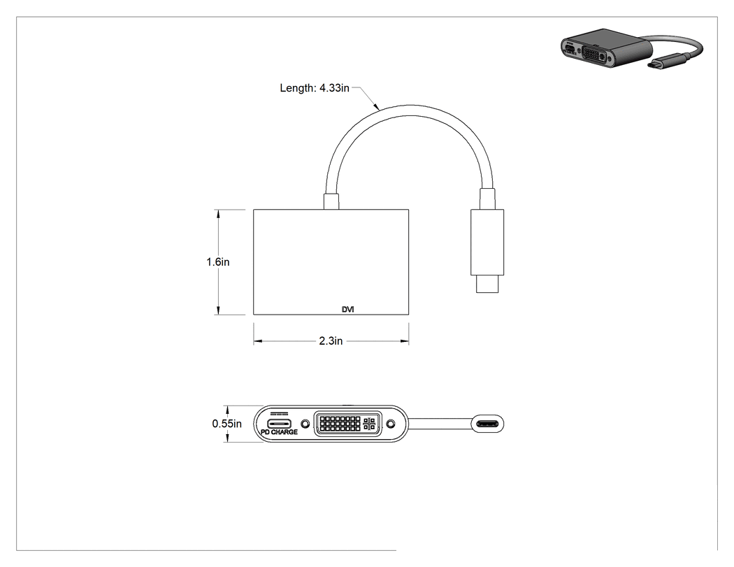 Teknik Çizim - USB Adaptör Kablosu, C Fiş x C Soket/DVI-I Soket, 4-1/2" Uzunluk