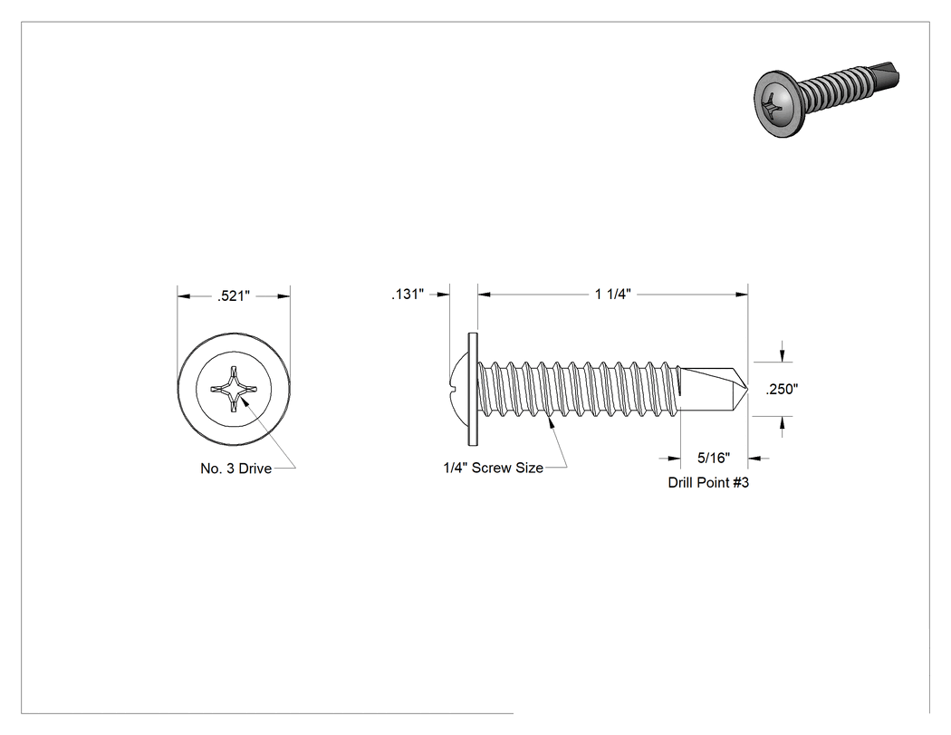Teknik Çizim - Metal için Ekstra Geniş Yuvarlak Başlı Delme Vidaları, Çinko Kaplı Çelik, 1/4" Boyut, 1-1/4" Uzunluk