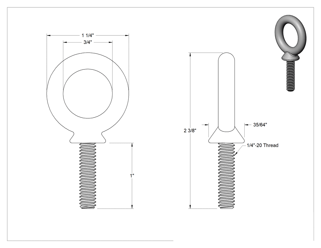 Teknik Çizim - 316 Paslanmaz Çelik Halka Cıvata, Kaldırma için Omuzlu, 1/4"-20 Diş Boyutu, 1" Diş Uzunluğu