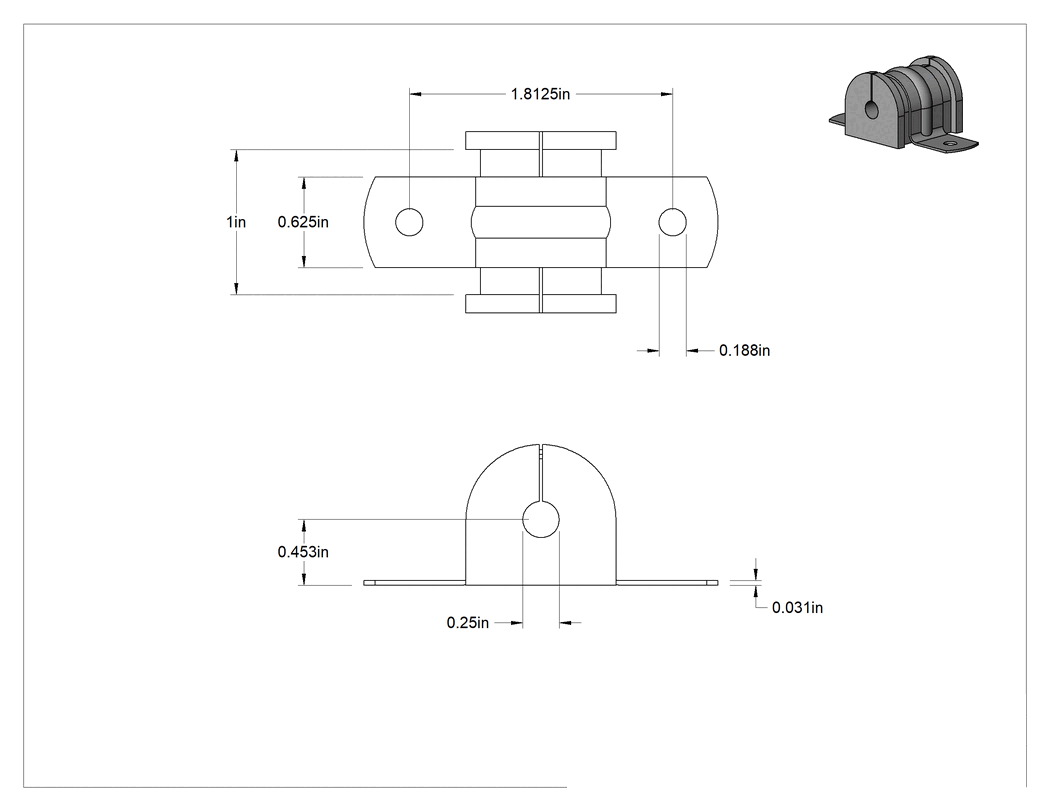 Teknik Çizim - Titreşim Sönümleyici Yönlendirme Kelepçesi, TPE Kauçuk Yastıklı 304 Paslanmaz Çelik, 1/4" İç Çap