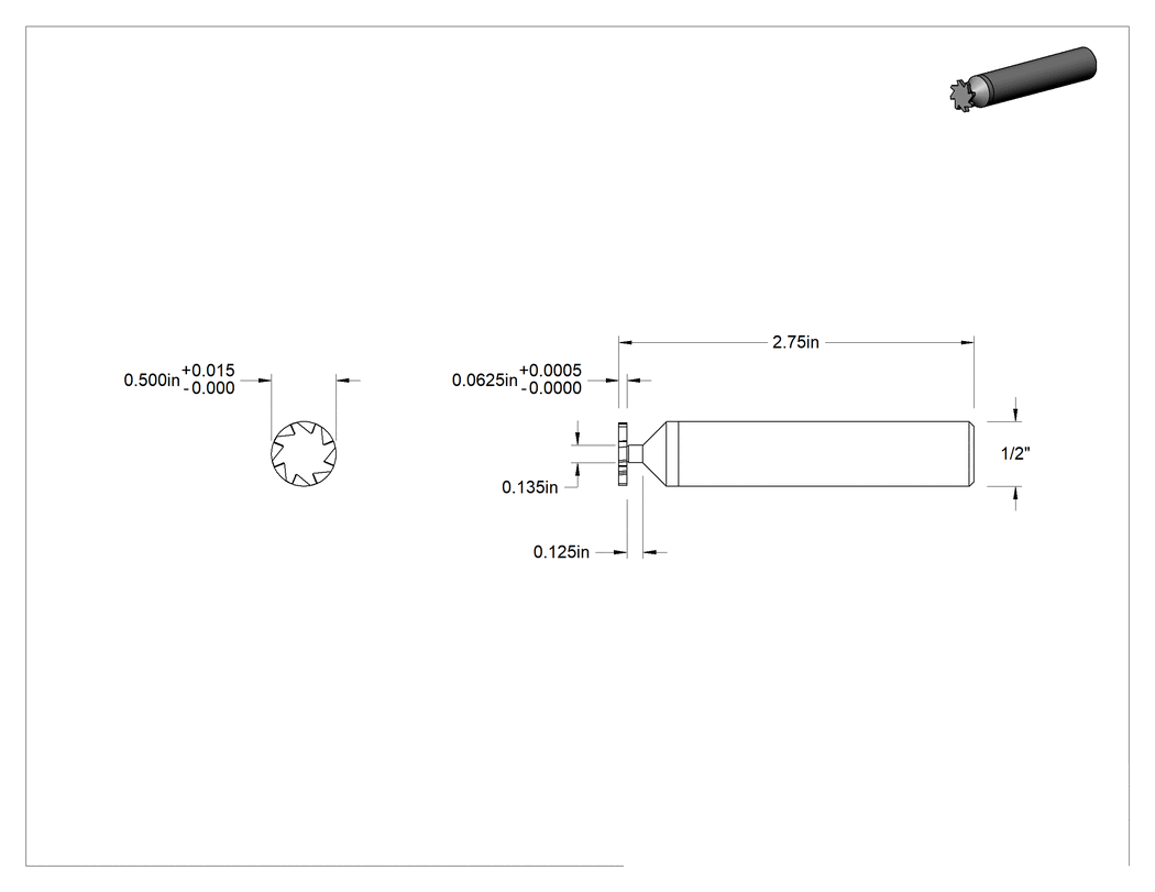 Teknik Çizim - Hızlı Kesim Karbür Anahtar Yuvası Uçlu Freze, AlTiN Kaplamalı, 1/2" Freze Çapı, 1/16" Freze Kalınlığı