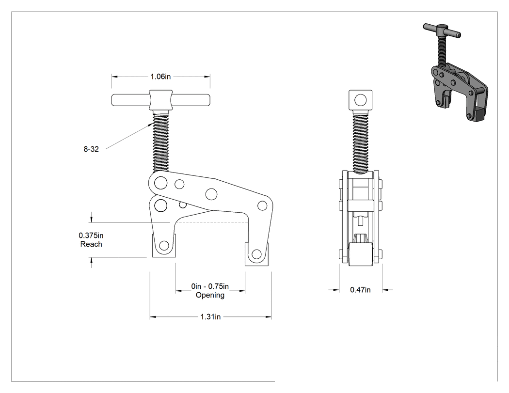Teknik Çizim - Bükülmeyen C-Kelepçesi, Çelik, T-Saplı, 0" - 3/4" Açıklık