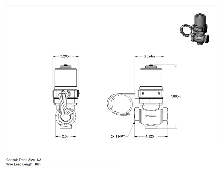 Teknik Çizim - Buhar için Bronz Gövdeli Solenoid Açma/Kapama Vanası, Cam Dolgulu PTFE Conta, 1 NPT Dişi, 50 Maksimum PSI