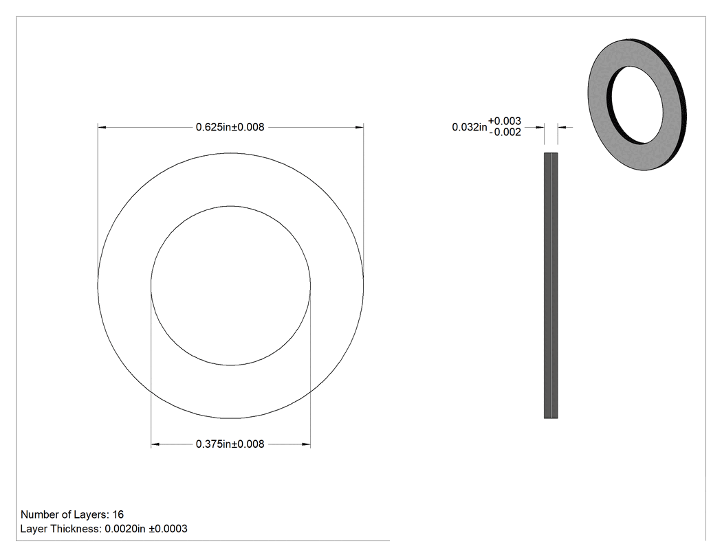 Teknik Çizim - 1100 Alüminyum Soyulabilir Çok Katmanlı Şim, 0.032" Kalınlık, 3/8" İç Çap