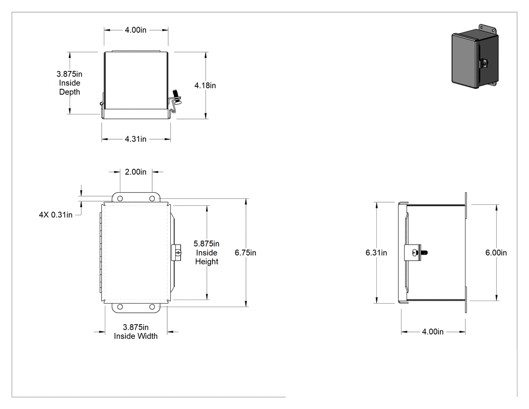 Teknik Çizim - 304 Paslanmaz Çelik Su Geçirmez Muhafaza, Menteşeli Kapak ve Vidalı Kelepçeli, 6" x 4" x 4"