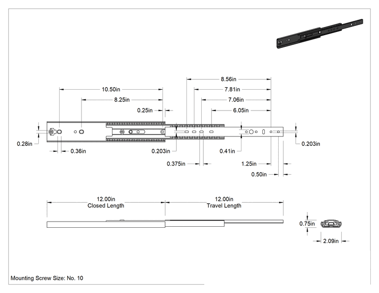 Teknik Çizim - Çelik Çekmece Kılavuzları, Çekmece Açma Mekanizması olmadan, 12" Kapalı Uzunluk