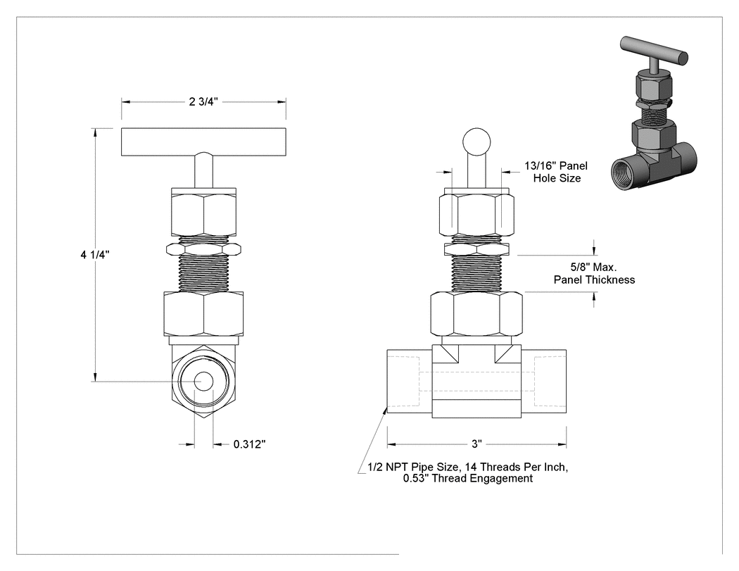 Teknik Çizim - Hassas Akış Ayar Valfi, Yüksek Sıcaklık, 1/2 NPT Dişi