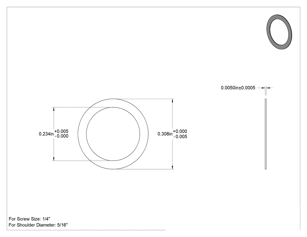 Teknik Çizim - 1074-1095 Yaylı Çelik Şimler, 5/16" Çaplı Vida Omzunu Uzatmak için, 0.005" Kalınlık