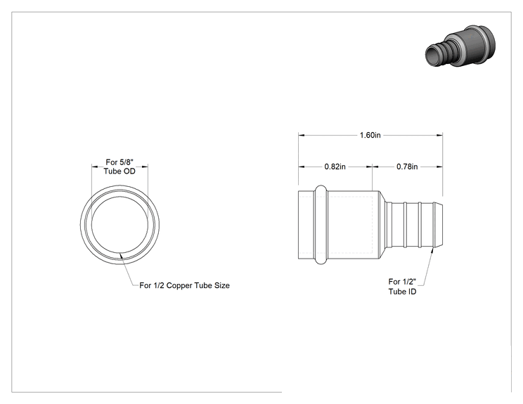 Teknik Çizim - İçme Suyu için Tırnaklı Boru Bağlantı Parçası, Adaptör 1/2" İç Çap x 5/8" Dış Çap Dişi Soket, Bronz