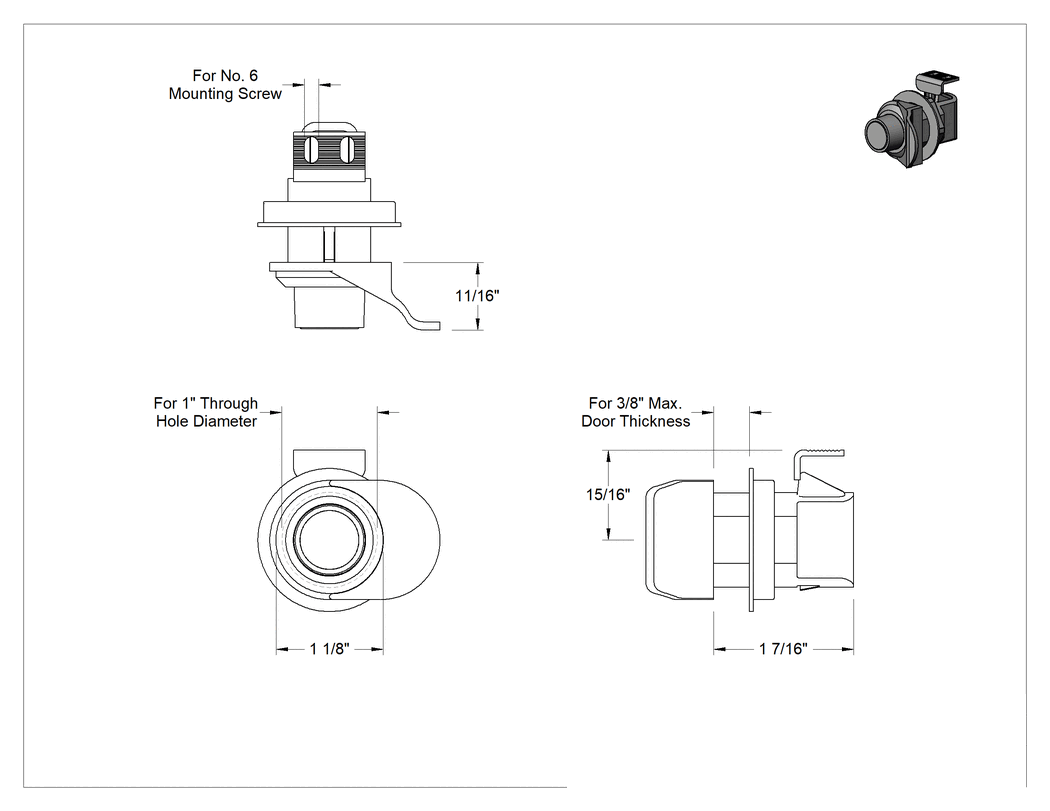 Teknik Çizim - Düğme ile Açılan İtmeyle Kapanan Mandal, Dikey Tırnak, 3/8" Maksimum Kapı Kalınlığı için