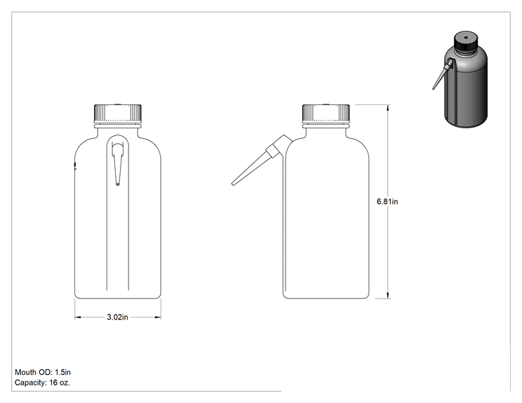 Teknik Çizim - Ayrı Açılı Nozullu Sıkma Şişesi, NFPA Elmas, (Aseton), 16 FL. oz Kapasite, 6-7/8" Yükseklik