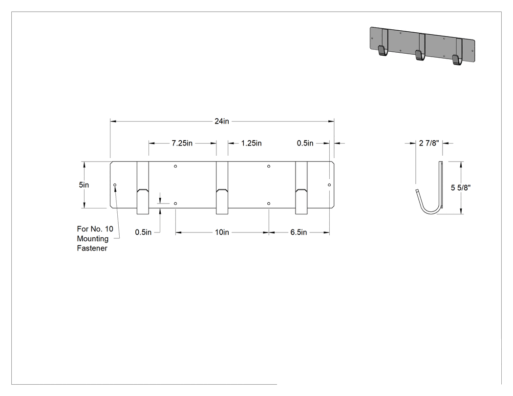 Teknik Çizim - Ağır Hizmet Tipi Asma Kanca Rafı, 3 Kanca, 24" Genişlik x 5-3/8" Yükseklik x 2-7/8" Derinlik Toplam
