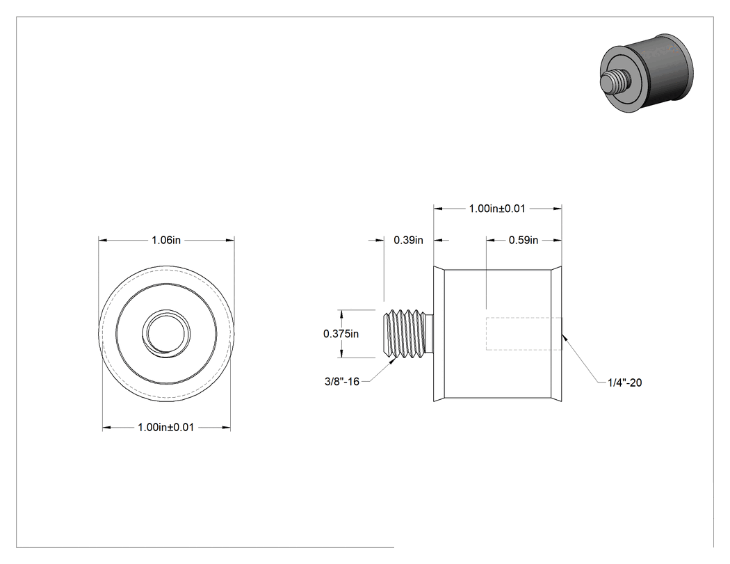 Teknik Çizim - 304 Paslanmaz Çelik Hijyenik Erkek-Dişi Dişli Ara Parçası, Nitril Conta, 1" Dış Çap, 3/8"-16 Erkek x 1/4"-20 Dişi Diş