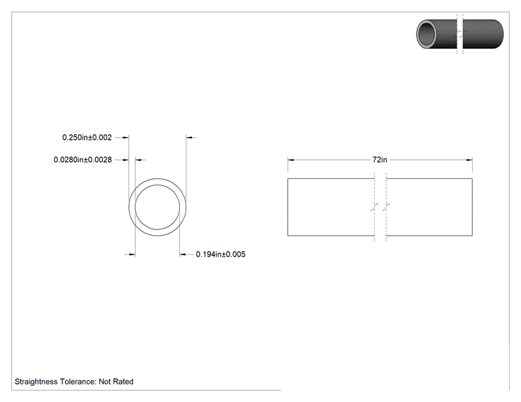 Teknik Çizim - Düşük Karbonlu Çelik Yuvarlak Boru, 0.028" Duvar Kalınlığı, 1/4" Dış Çap, 6 Fit Uzunluk
