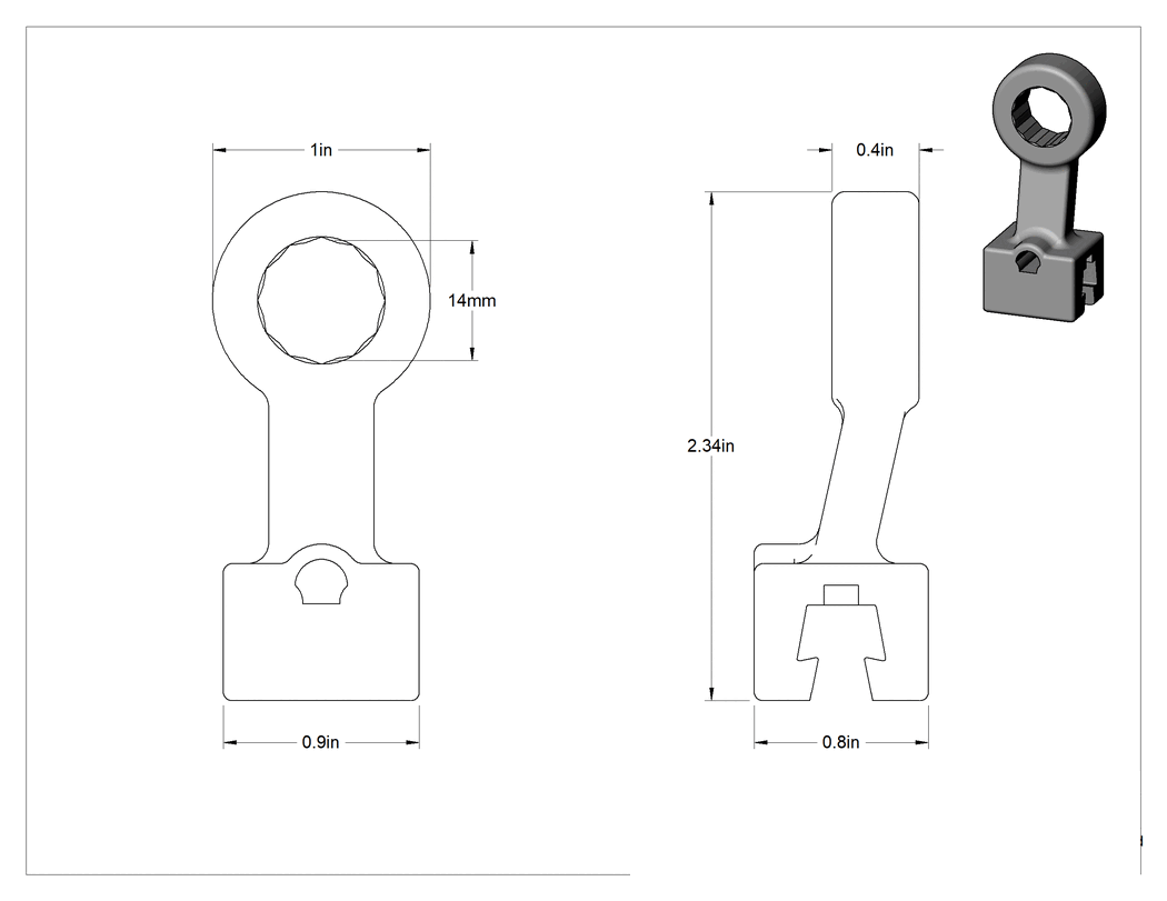 Teknik Çizim - Değiştirilebilir Başlıklı Tork Anahtarı için 14 mm Tahrik Boyutu, Cırcırlı Olmayan Kutu Başlıklı