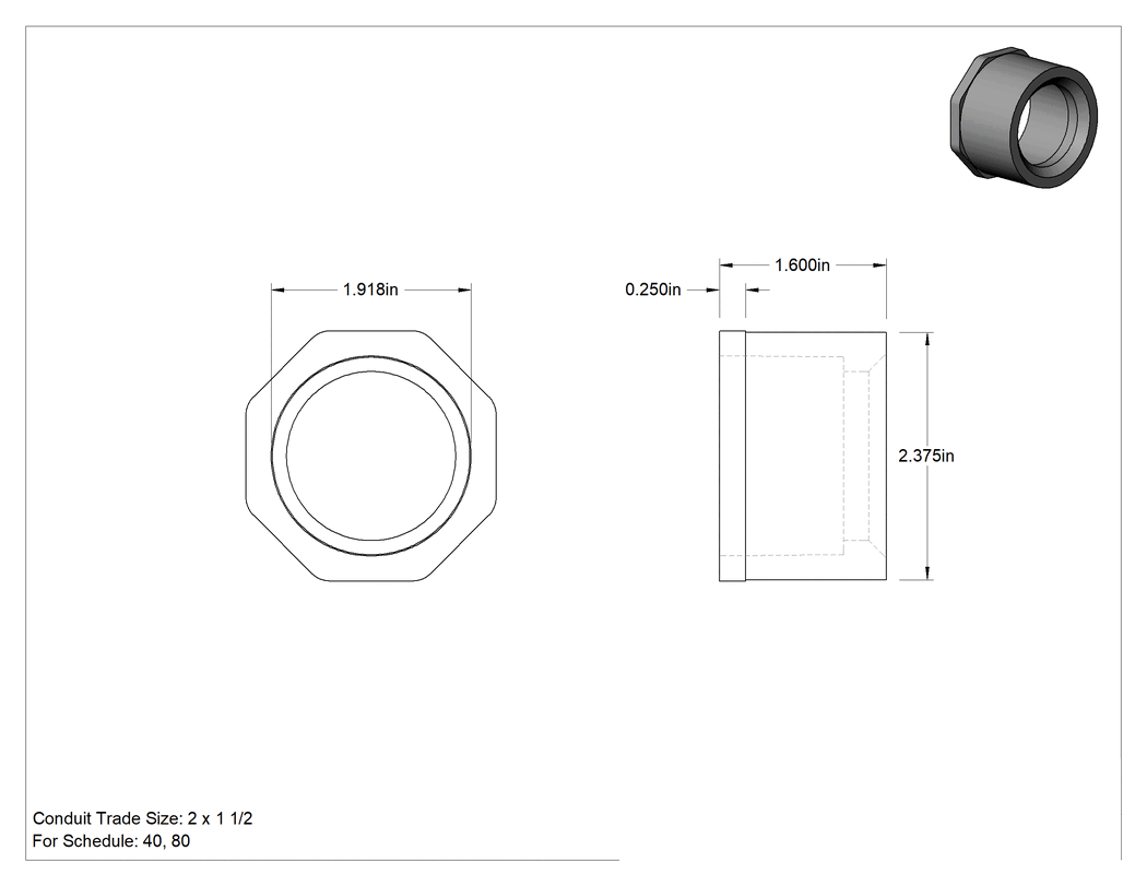 Teknik Çizim - Sert PVC Kanal için 2 Erkek x 1-1/2 Dişi Anma Ölçüsü Adaptör