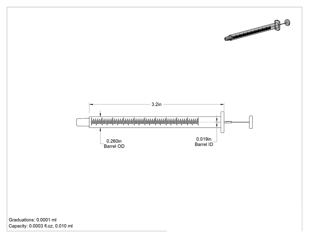 Teknik Çizim - Cam Şırınga, Luer Slip Bağlantılı, 0.01 ml Kapasite