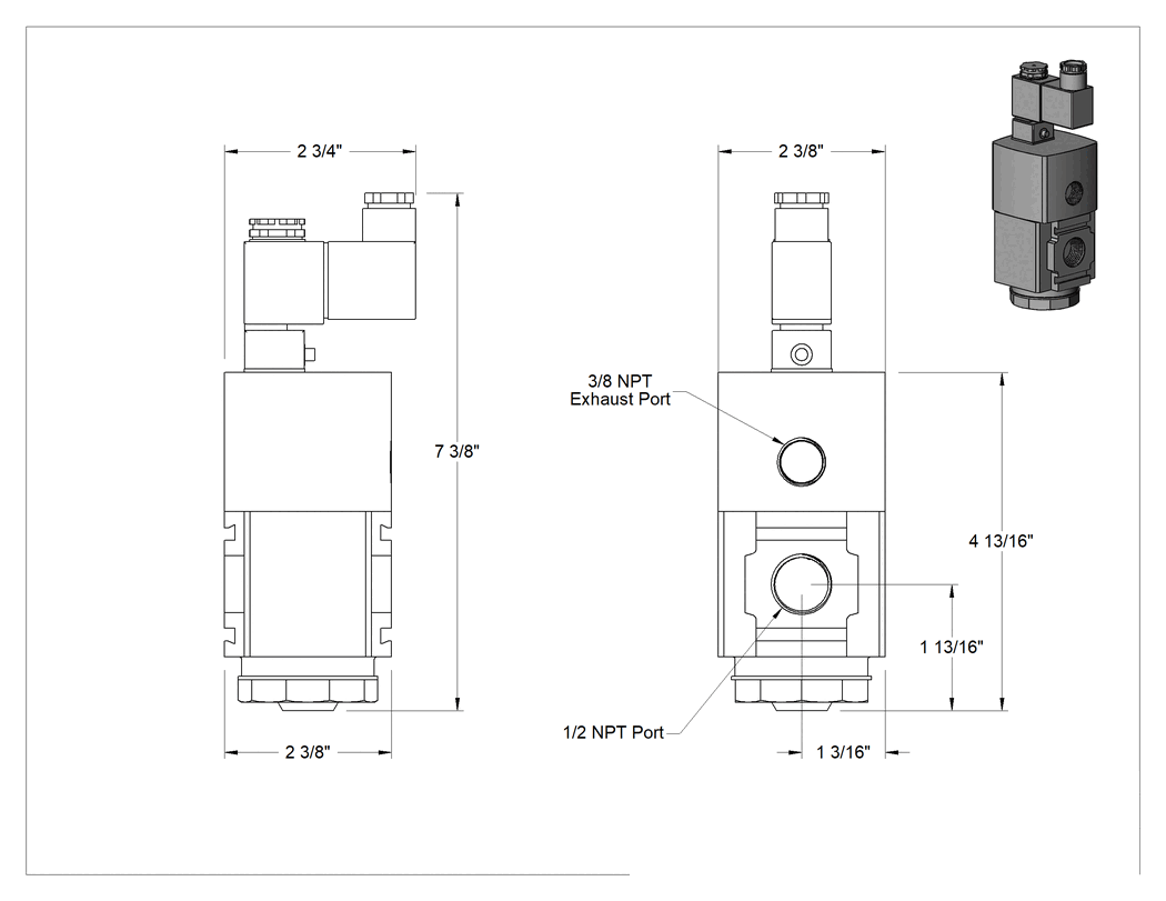 Teknik Çizim - Modüler Sıkıştırılmış Frls için Hava Tahliye Valfi, Yavaş Başlatma, Wilkerson E18, 1/2 NPT Dişi Giriş, 24V DC